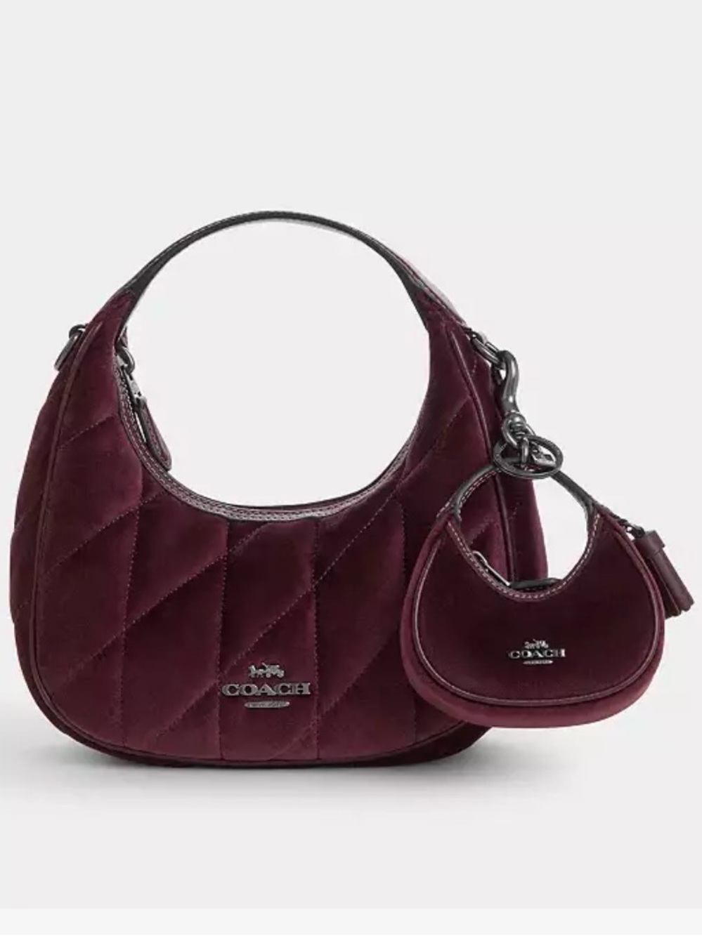 NWT🥀Coach Carmen Bag Charm Burgundy CCF19 Velvet Key Ring Gunmetal Mini Case Red - Picture 6 of 6